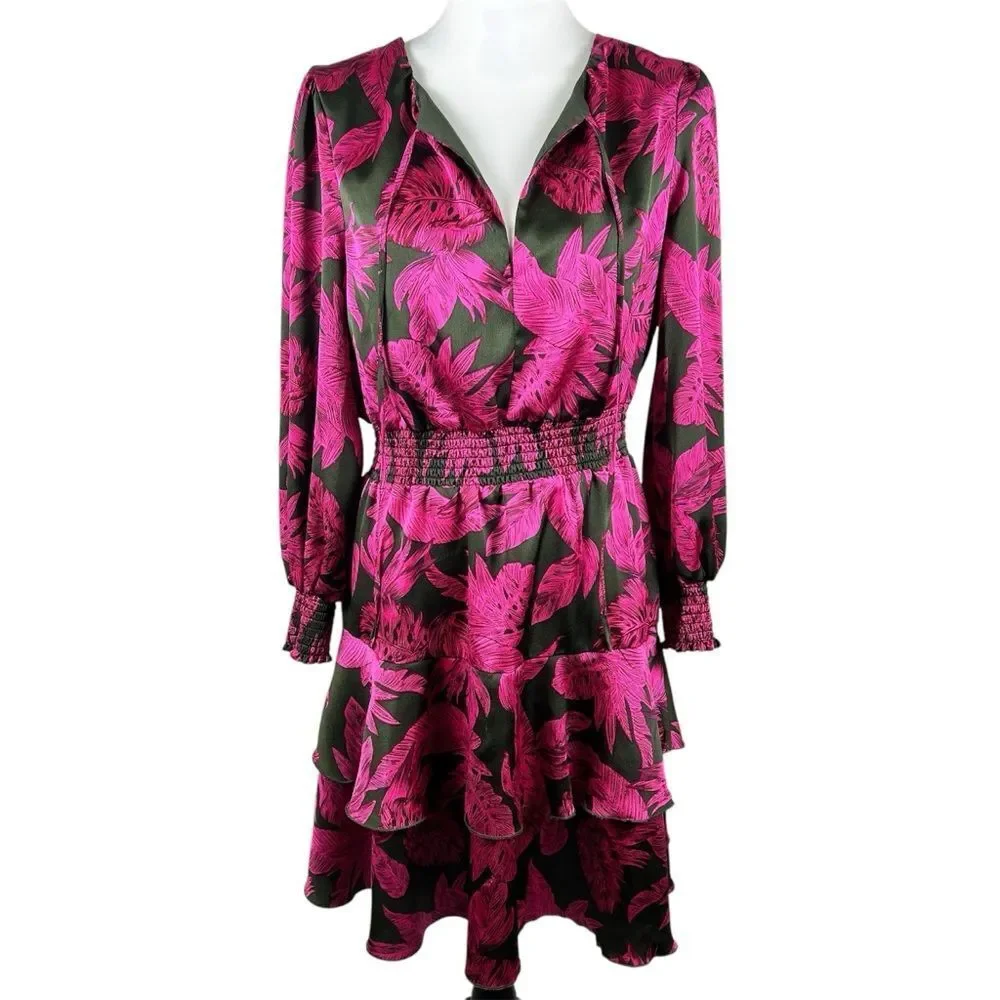 Sam Edelman Tropical Palm Mini Dress Smocked Waist Tiered Long Sleeve Pink Black